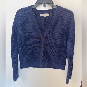 LOFT Chunky Open Knit Blue Cropped Cardigan 100% Cotton Size S